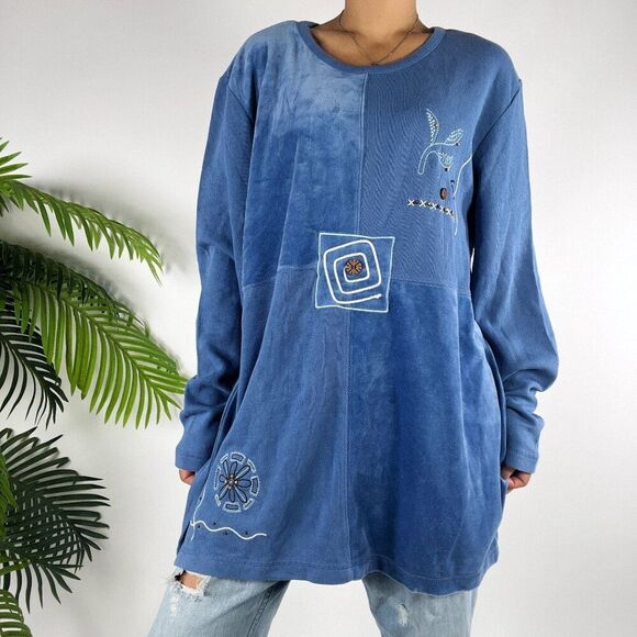 Vintage 90s Blue Embroidered Patchwork Bohemian Oversized Long Sleeve Top / XL - Picture 4 of 8